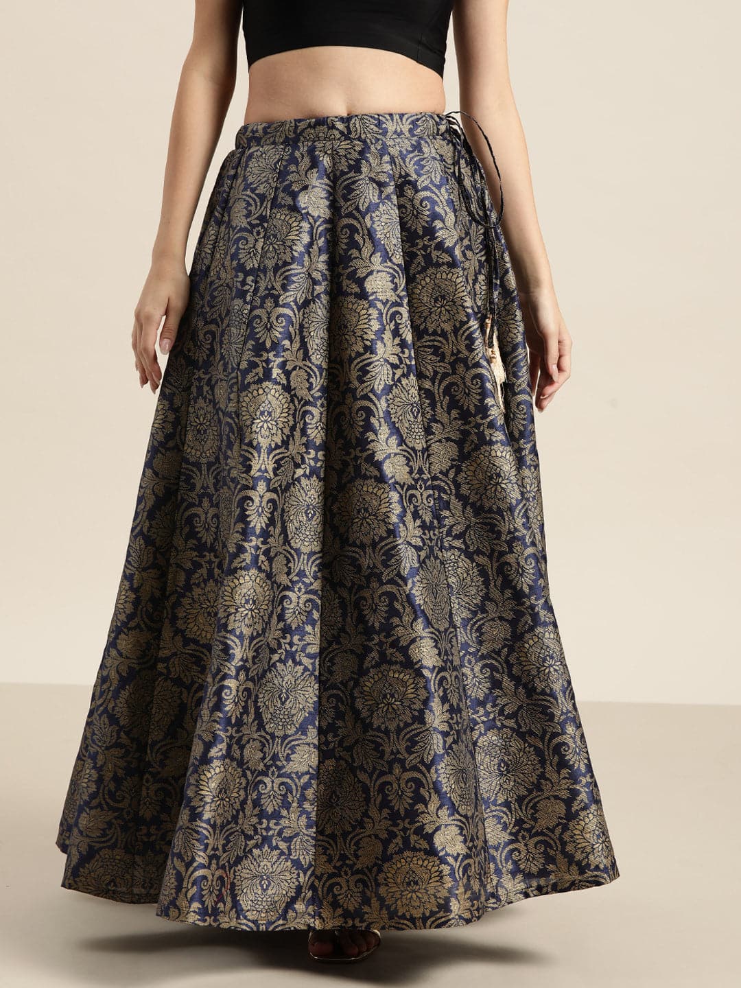 Navy Jacquard Floral Anarkali Skirt-Skirts-SASSAFRAS