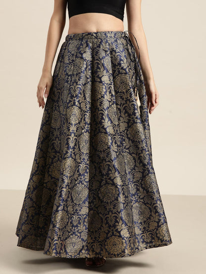 Navy Jacquard Floral Anarkali Skirt-Skirts-SASSAFRAS