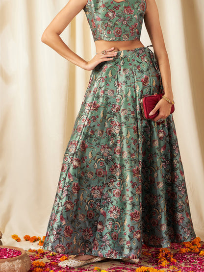 Olive PolySilk Floral Anarkali Skirt