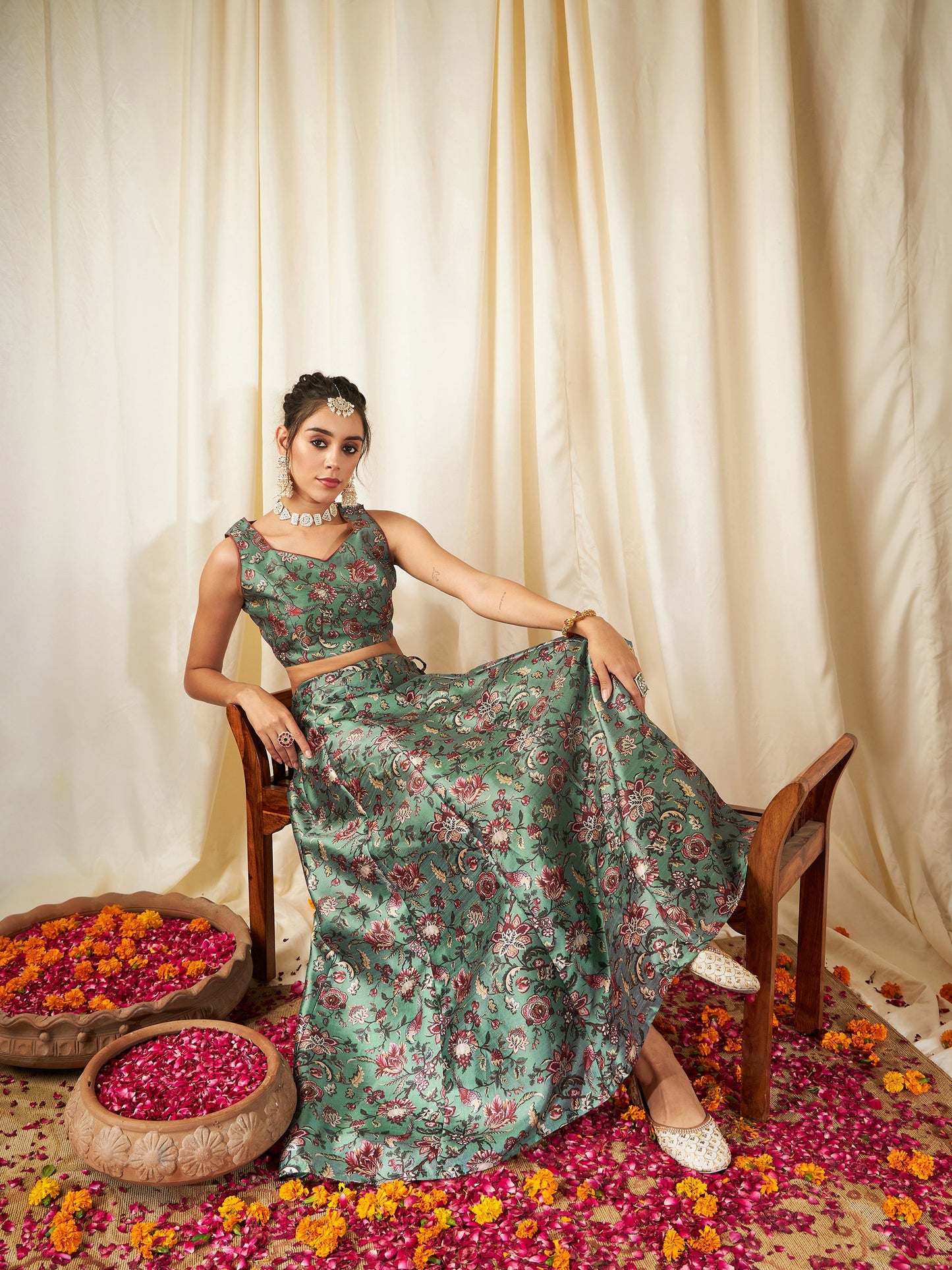 Olive PolySilk Floral Anarkali Skirt