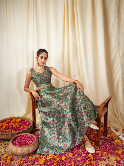 Olive PolySilk Floral Anarkali Skirt