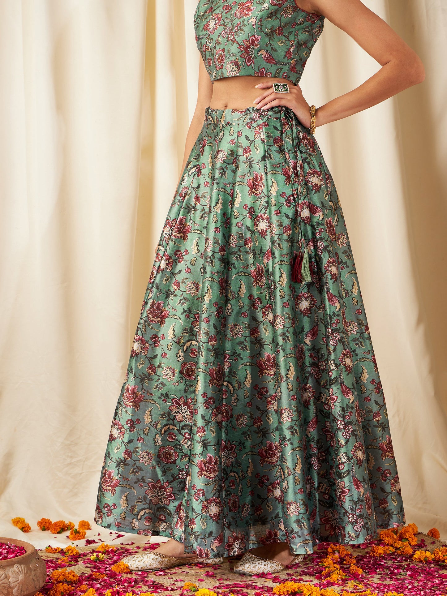 Olive PolySilk Floral Anarkali Skirt