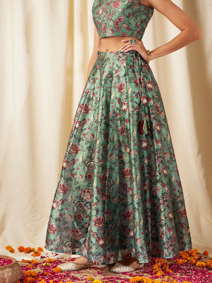 Olive PolySilk Floral Anarkali Skirt