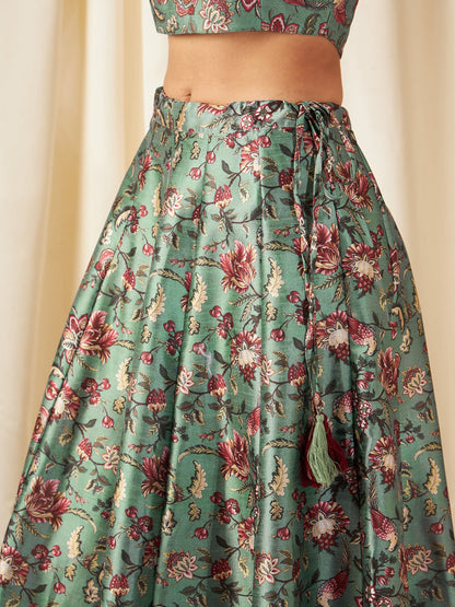 Olive PolySilk Floral Anarkali Skirt