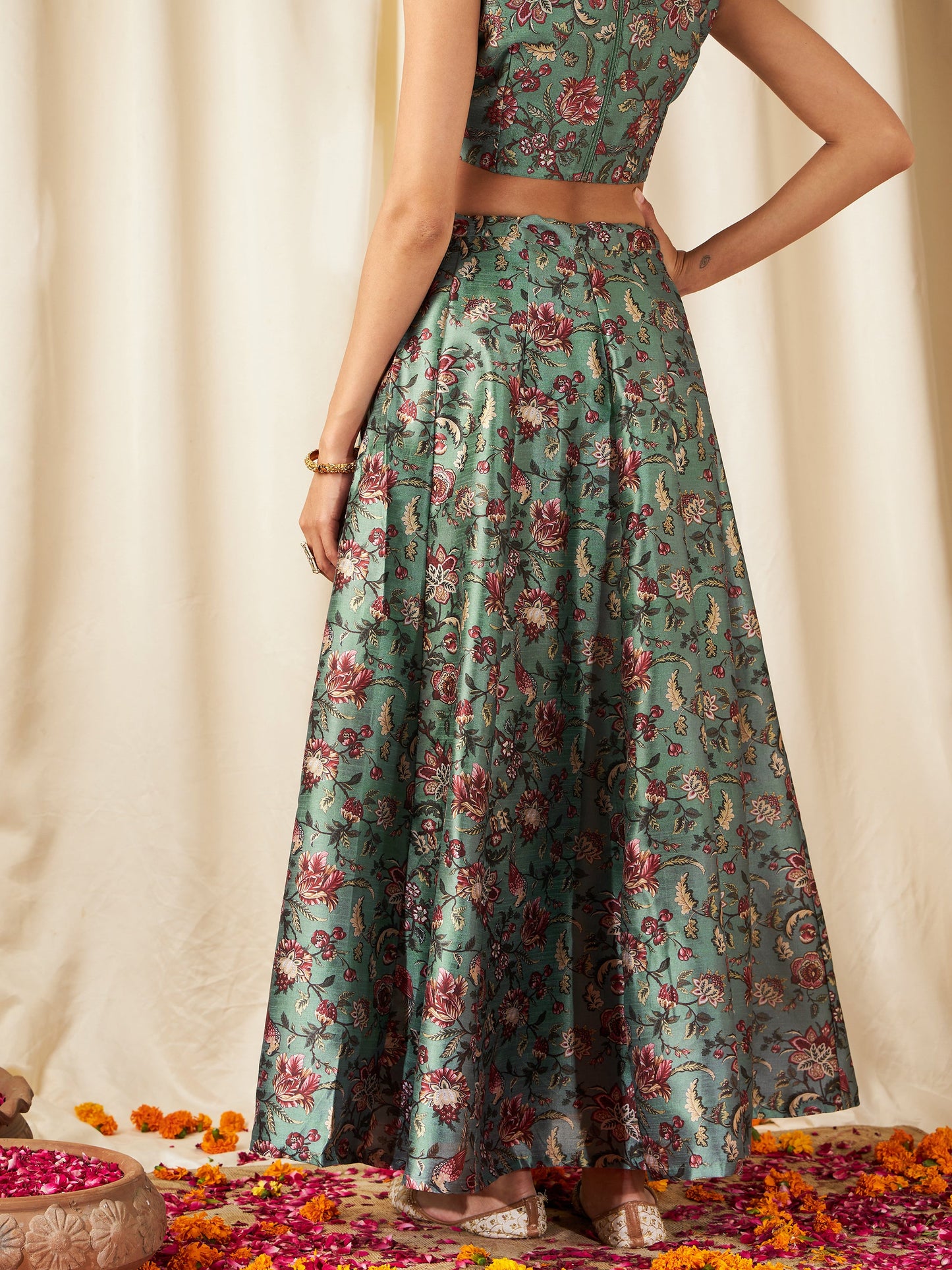 Olive PolySilk Floral Anarkali Skirt