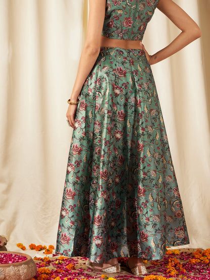 Olive PolySilk Floral Anarkali Skirt
