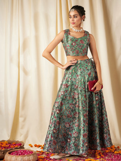 Olive PolySilk Floral Anarkali Skirt