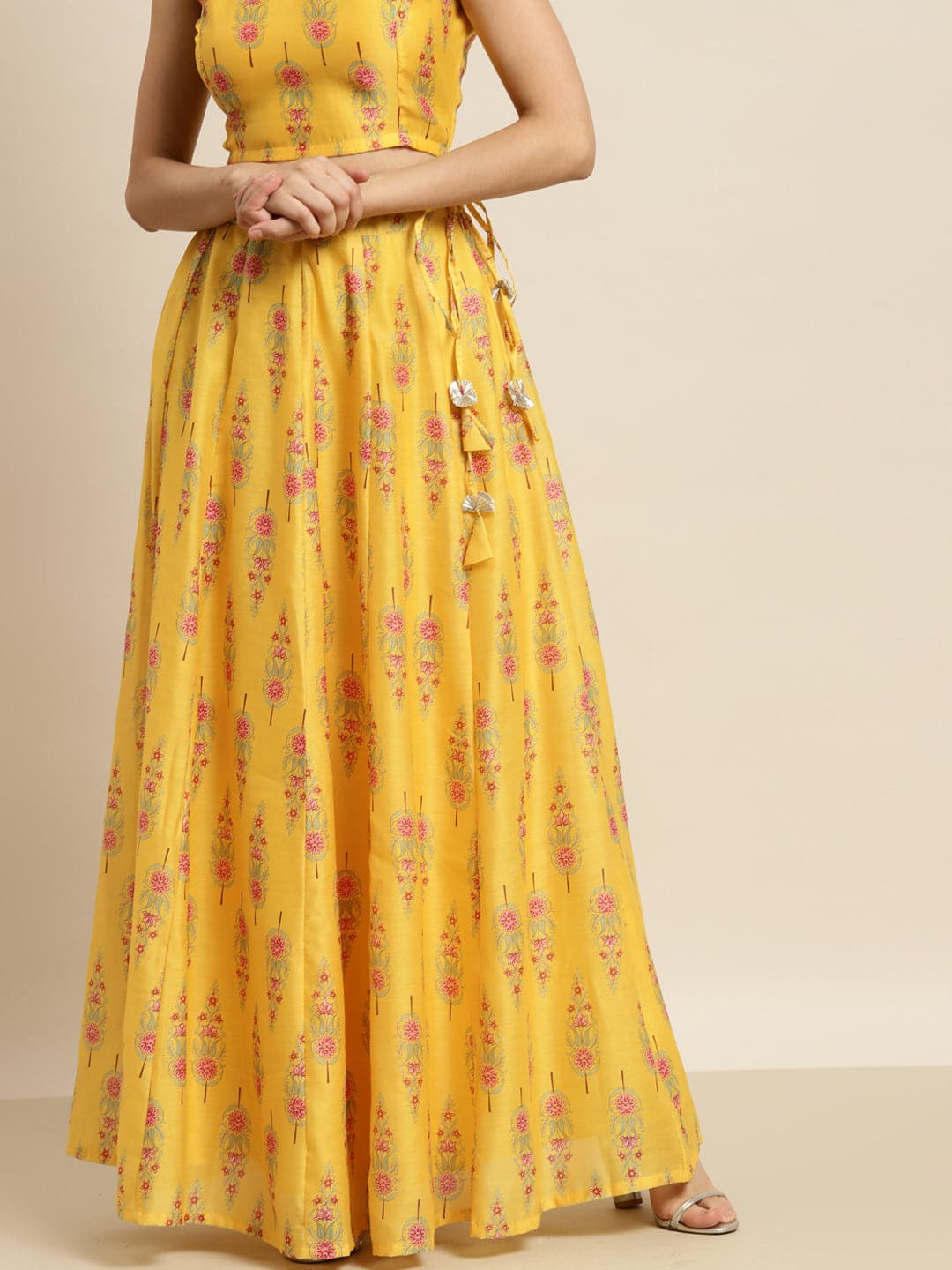 Women Yellow Floral Aanrkali Skirt-Skirts-SASSAFRAS