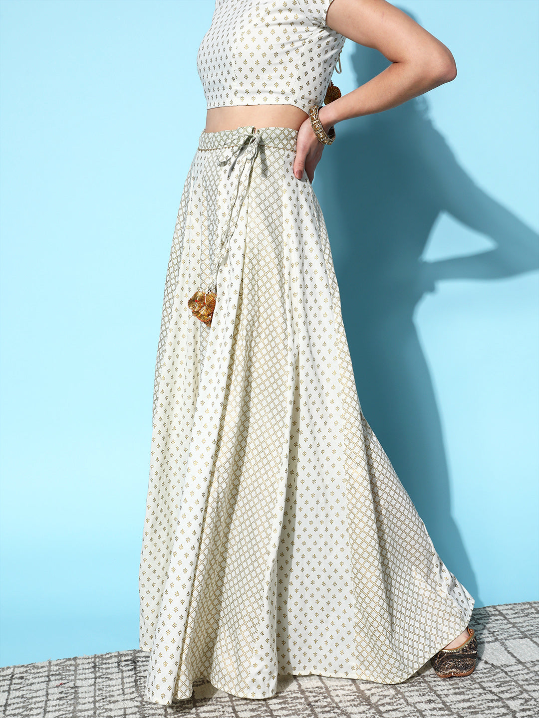 Off White Cotton Silk Foil Anarkali Skirt