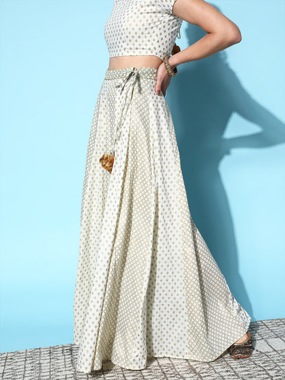 Off White Cotton Silk Foil Anarkali Skirt