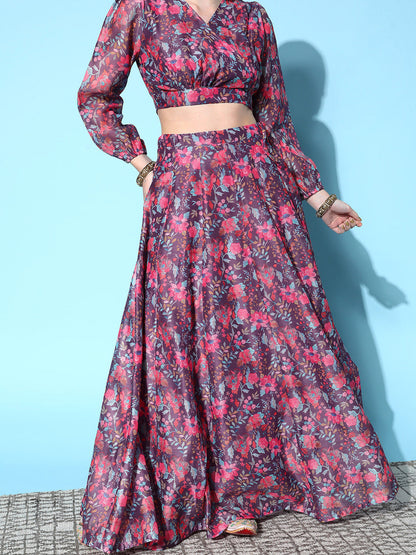 Purple Chanderi Floral Anarkali Skirt