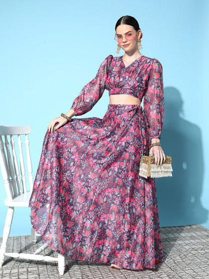 Purple Chanderi Floral Anarkali Skirt