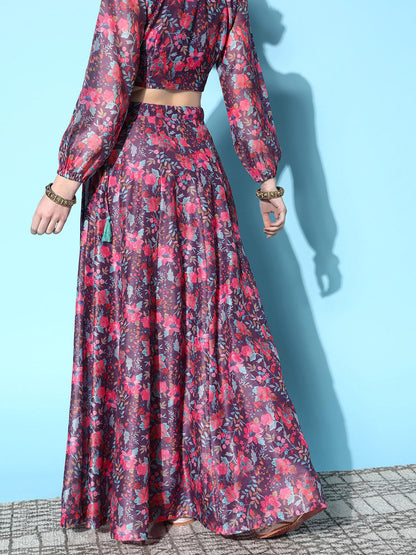 Purple Chanderi Floral Anarkali Skirt