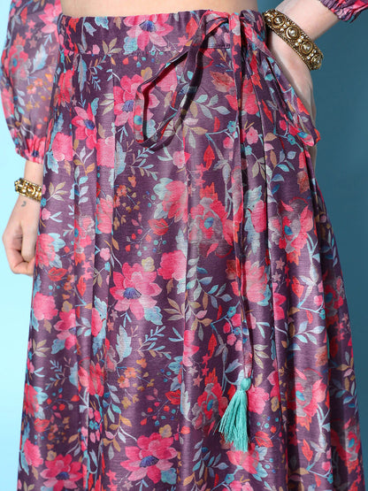 Purple Chanderi Floral Anarkali Skirt