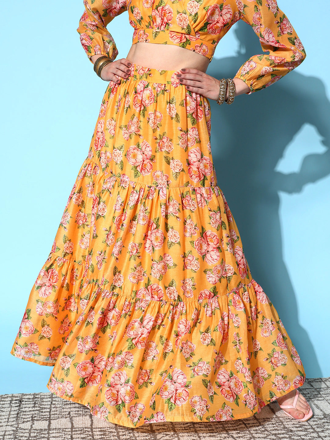 Yellow Chanderi Floral Tiered Skirt