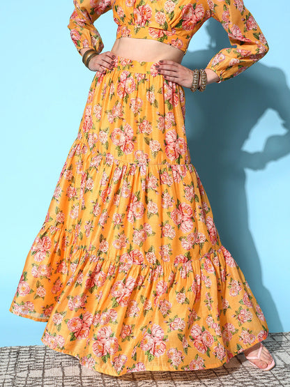 Yellow Chanderi Floral Tiered Skirt