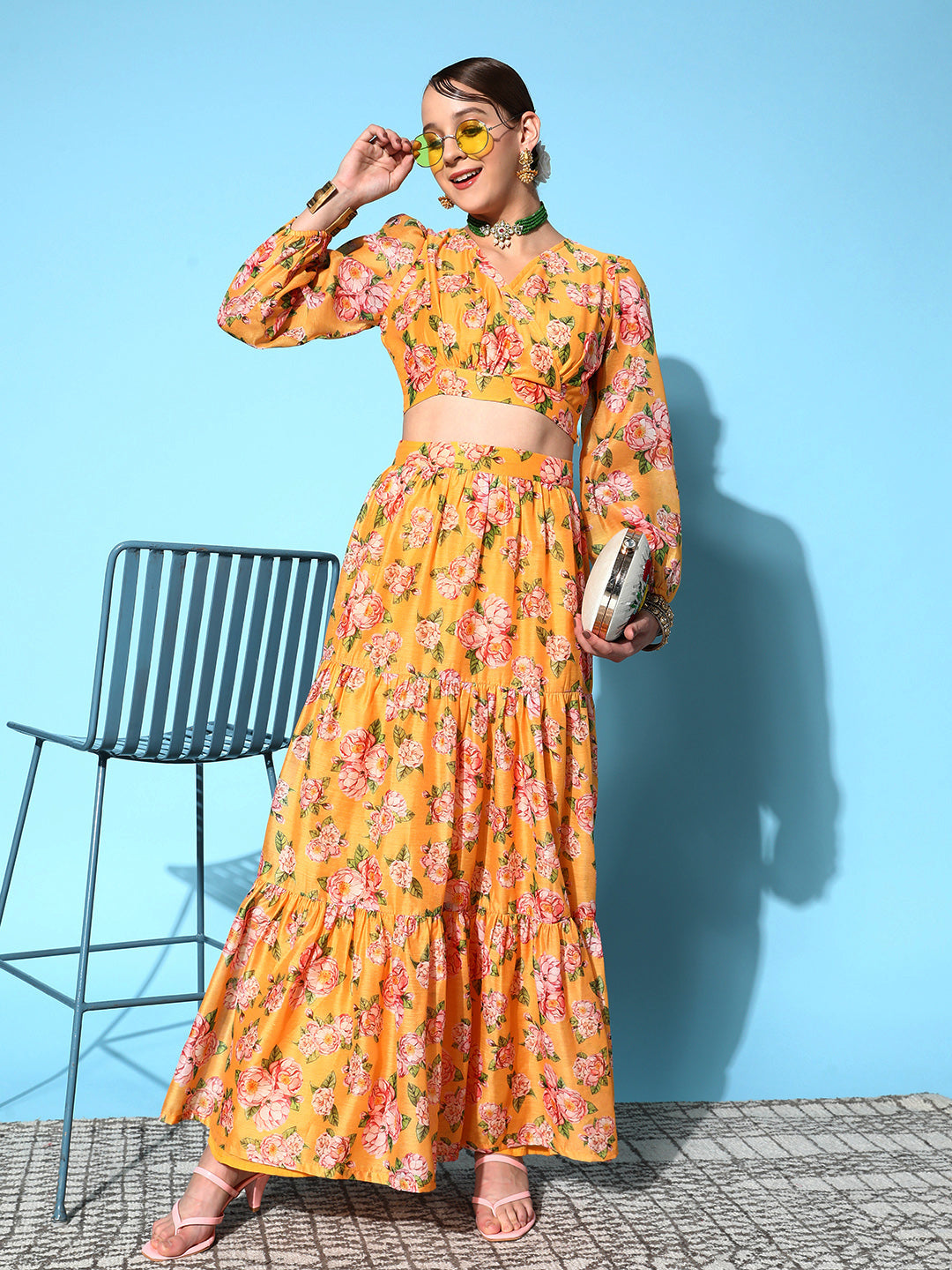Yellow Chanderi Floral Tiered Skirt