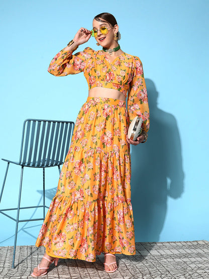 Yellow Chanderi Floral Tiered Skirt