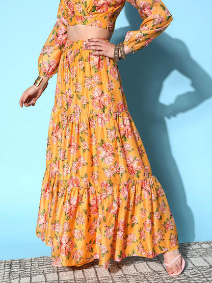 Yellow Chanderi Floral Tiered Skirt