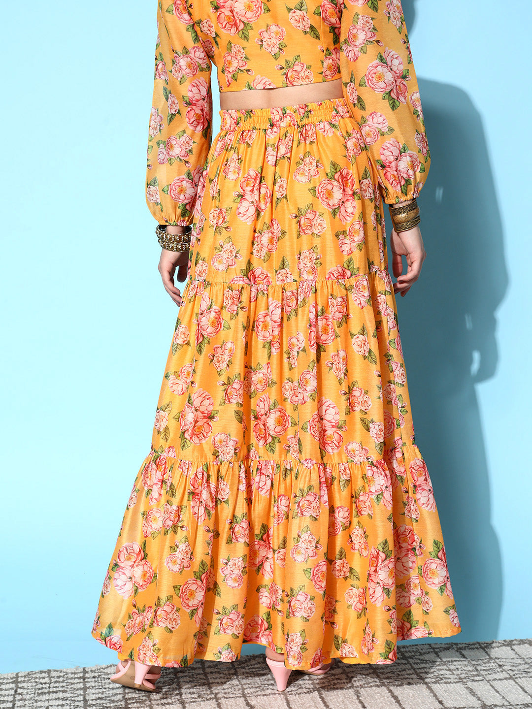 Yellow Chanderi Floral Tiered Skirt