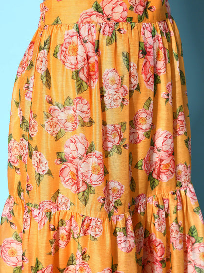 Yellow Chanderi Floral Tiered Skirt