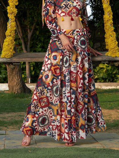 Beige Ikat Print Bias Flared Skirt