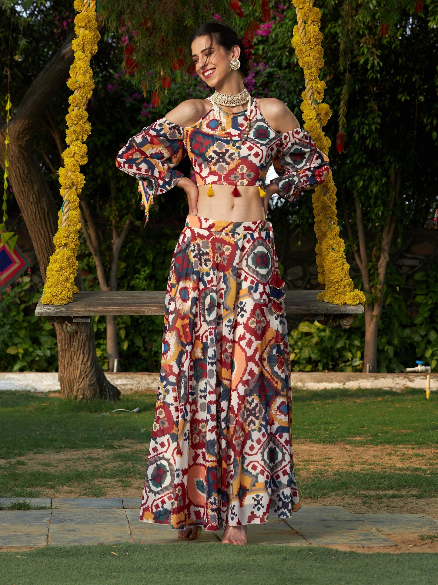 Beige Ikat Print Bias Flared Skirt