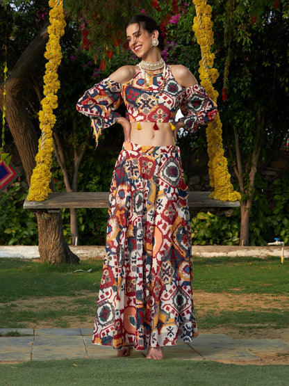 Beige Ikat Print Bias Flared Skirt