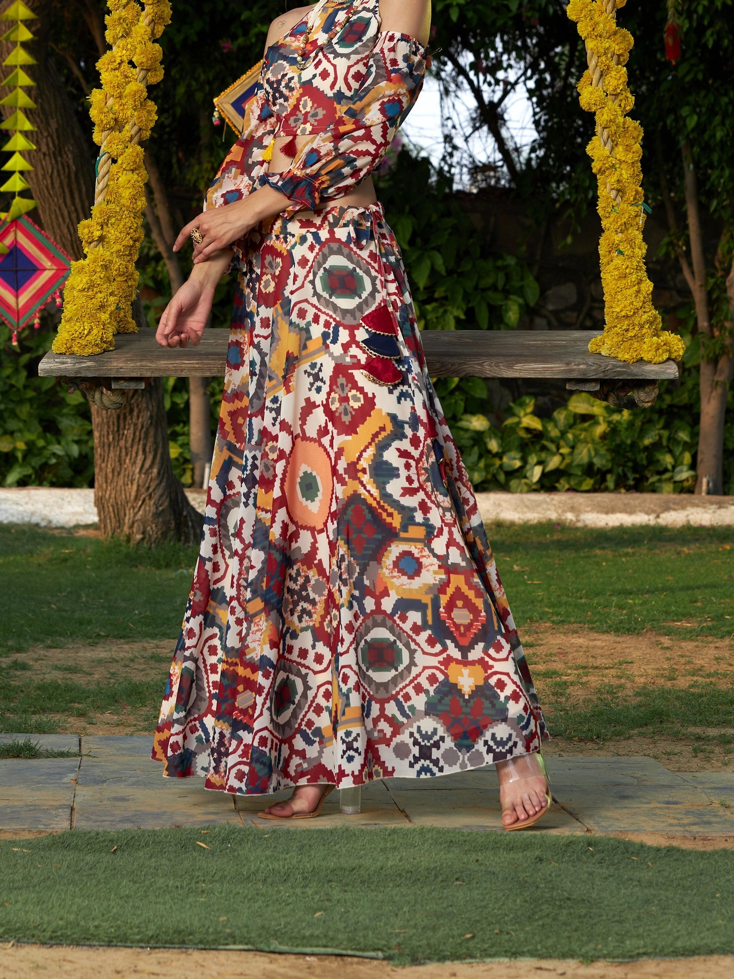 Beige Ikat Print Bias Flared Skirt