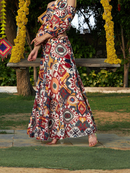 Beige Ikat Print Bias Flared Skirt