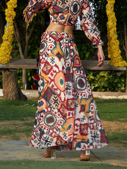 Beige Ikat Print Bias Flared Skirt