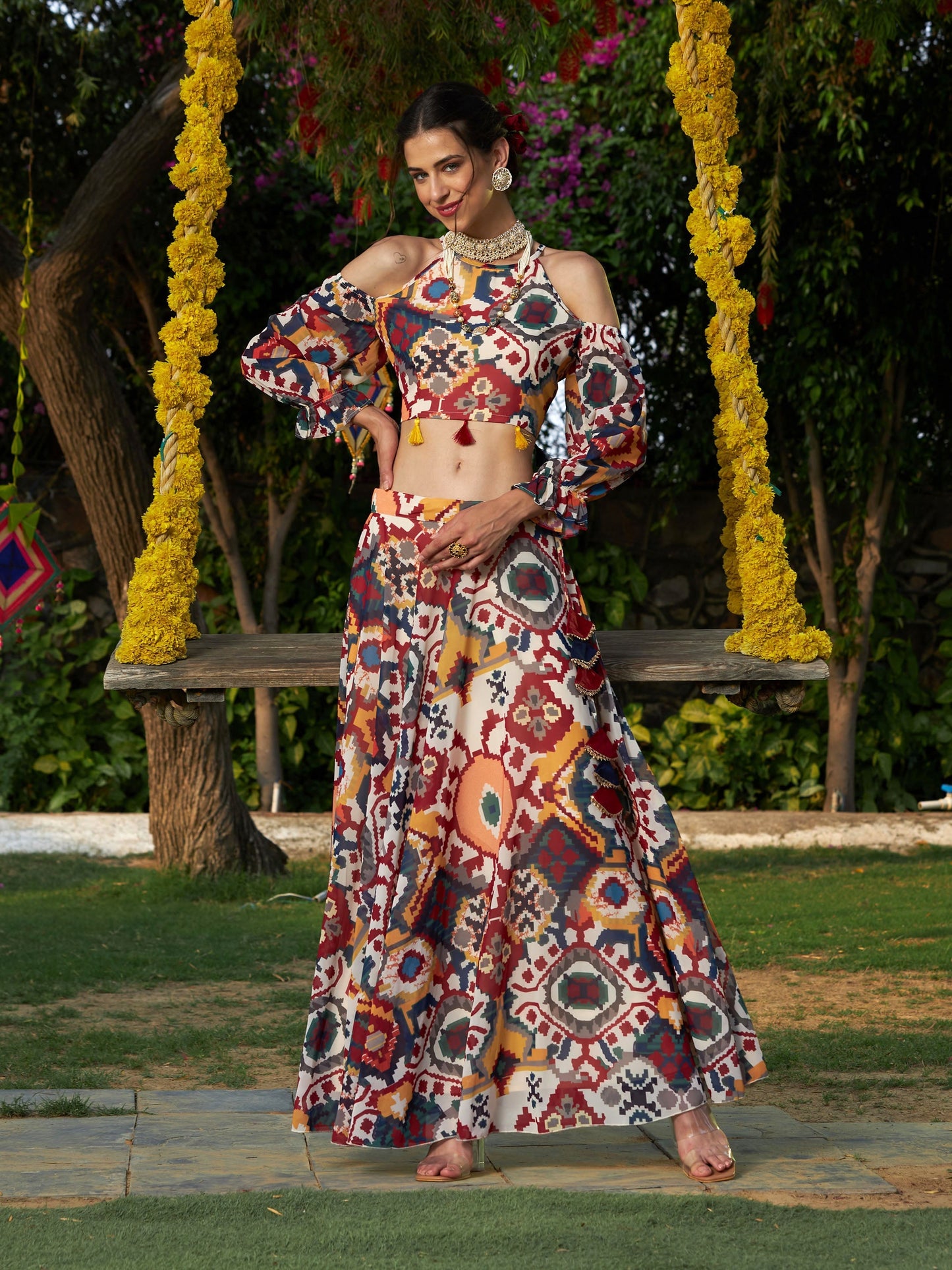 Beige Ikat Print Bias Flared Skirt