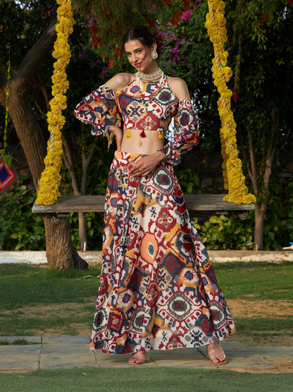 Beige Ikat Print Bias Flared Skirt