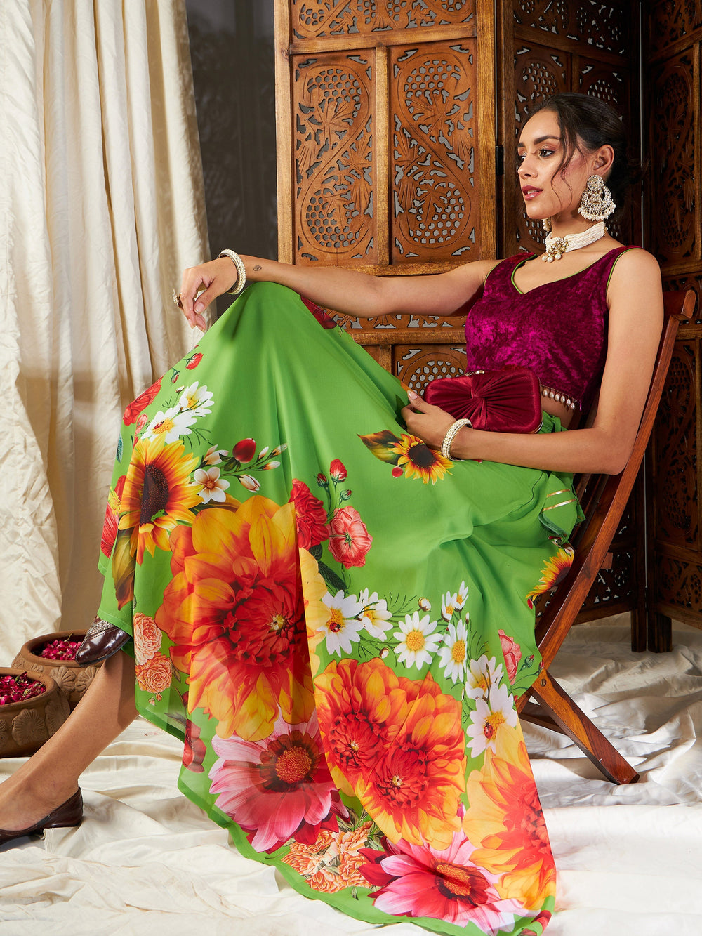 Green Floral Bias Flared Skirt-Shae by SASSAFRAS