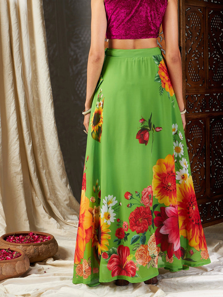 Green Floral Bias Flared Skirt-Shae by SASSAFRAS