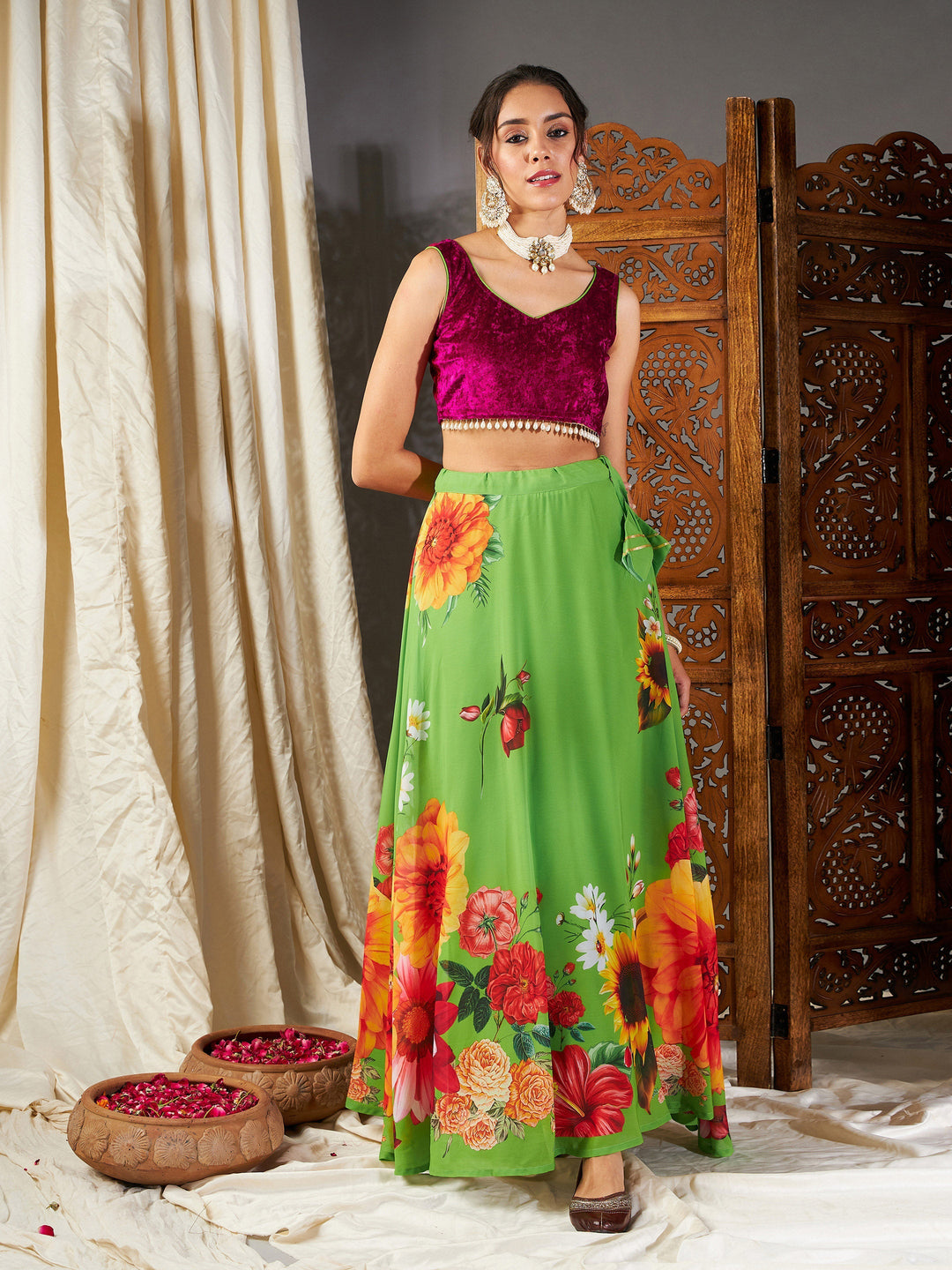 Green Floral Bias Flared Skirt-Shae by SASSAFRAS