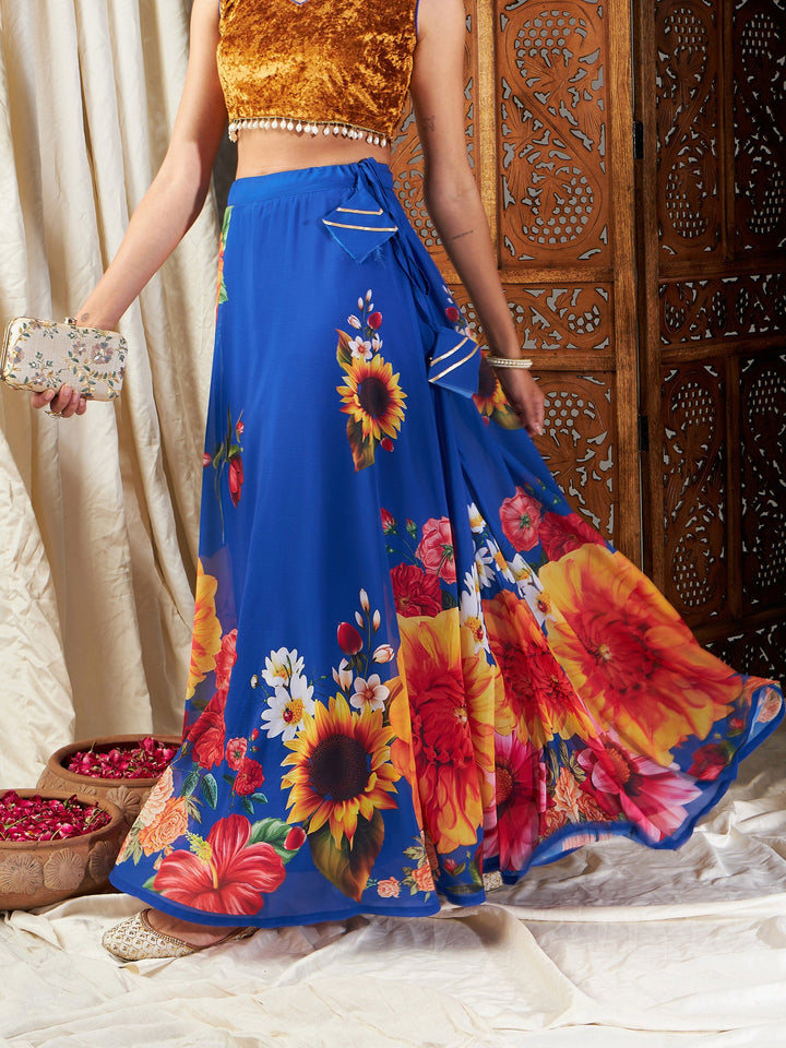 Blue Floral Bias Flared Skirt-Shae by SASSAFRAS