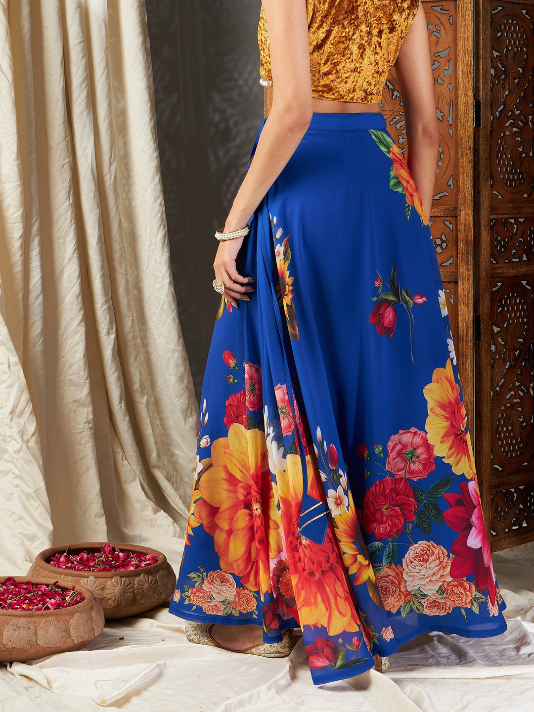 Blue Floral Bias Flared Skirt-Shae by SASSAFRAS