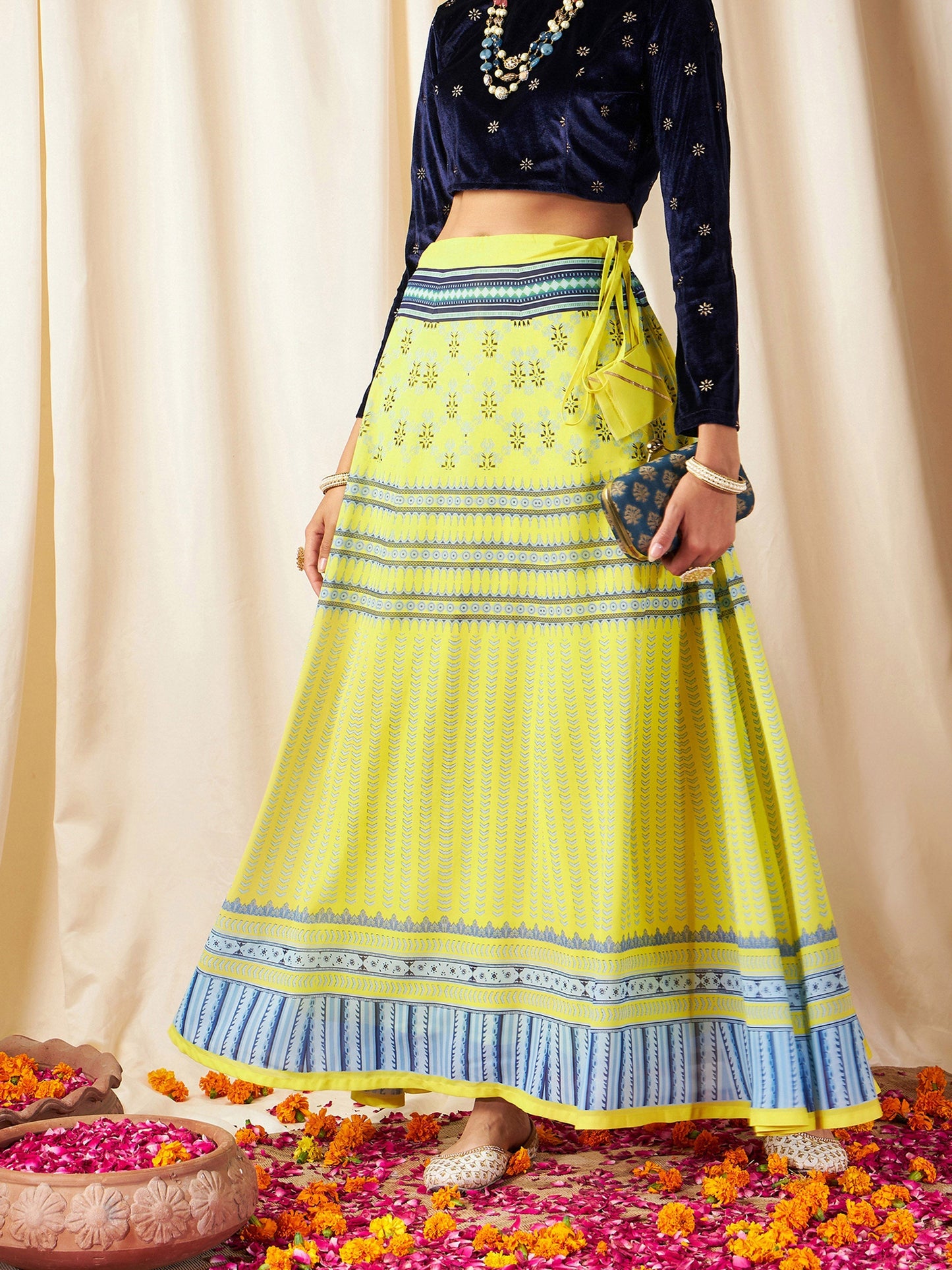 Yellow Geometric Bias Flared Skirt