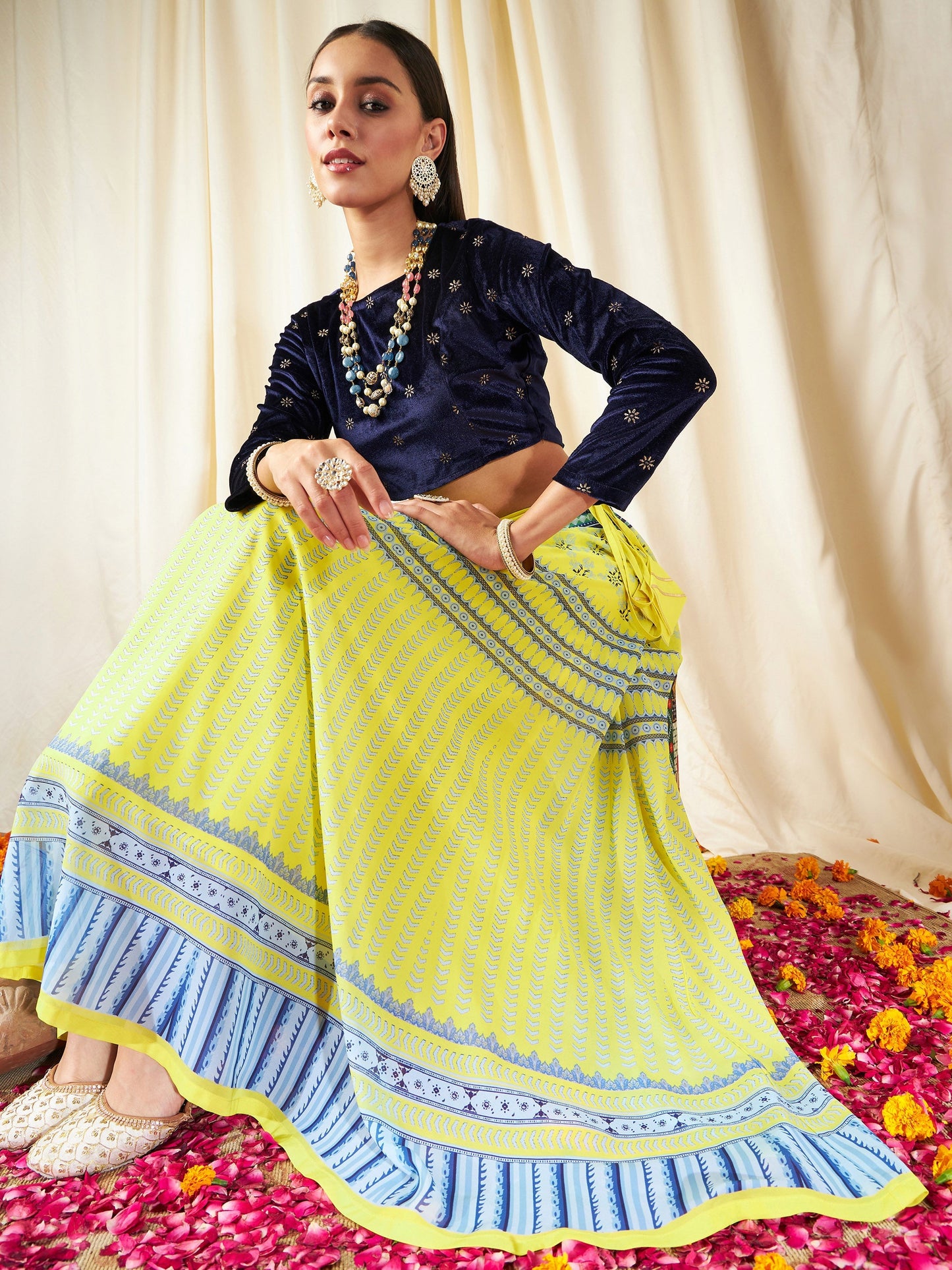Yellow Geometric Bias Flared Skirt