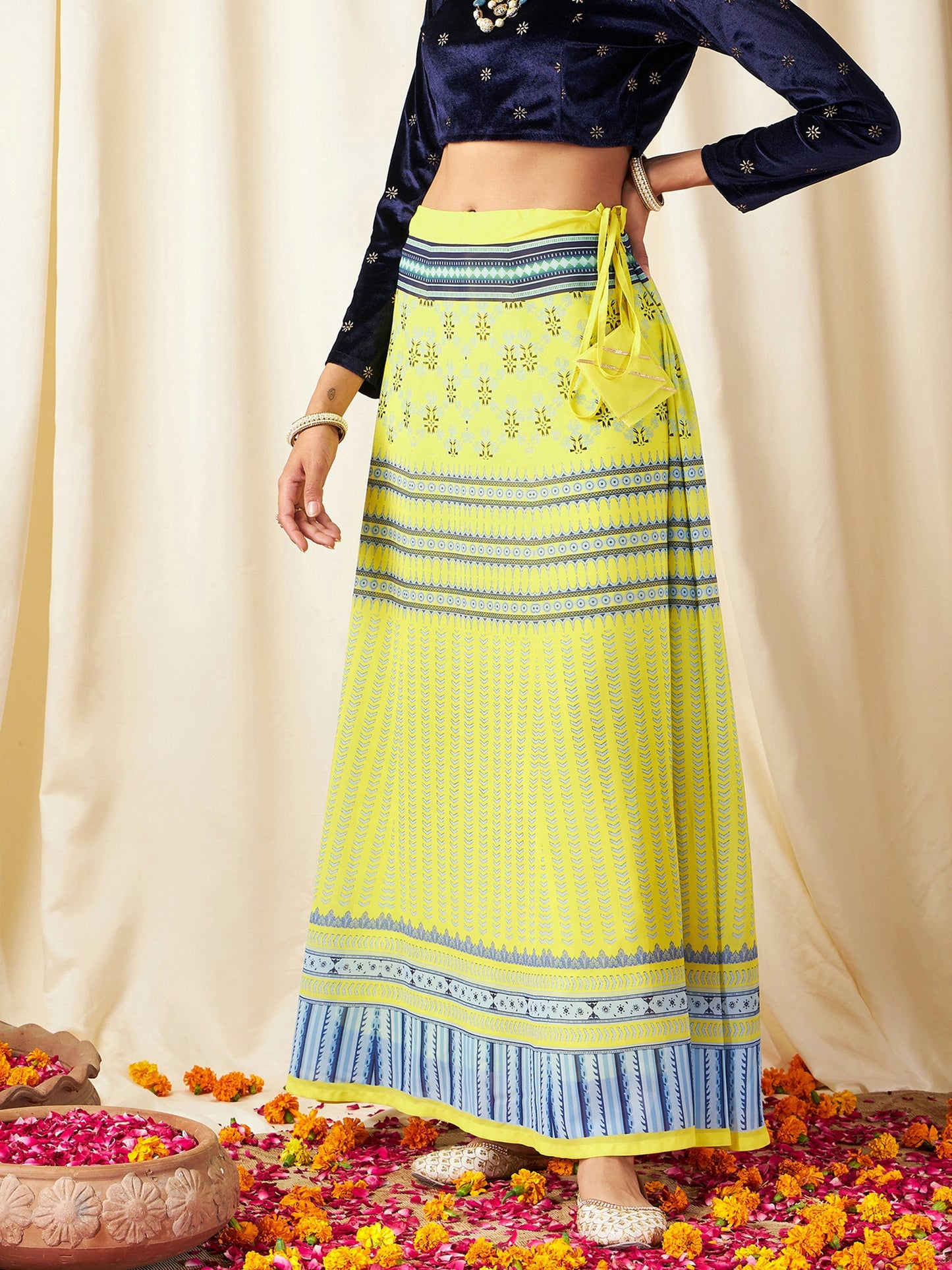 Yellow Geometric Bias Flared Skirt
