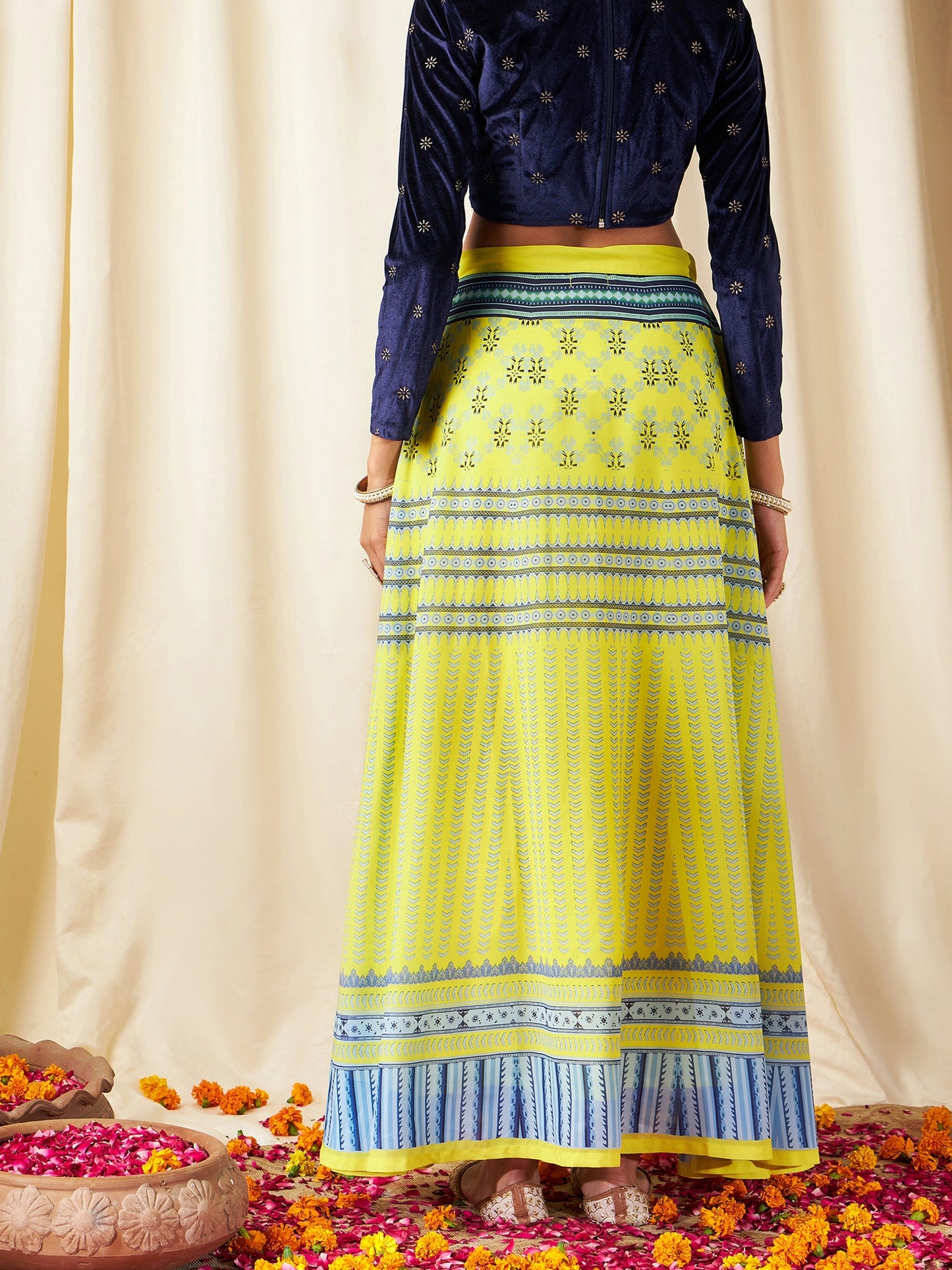 Yellow Geometric Bias Flared Skirt