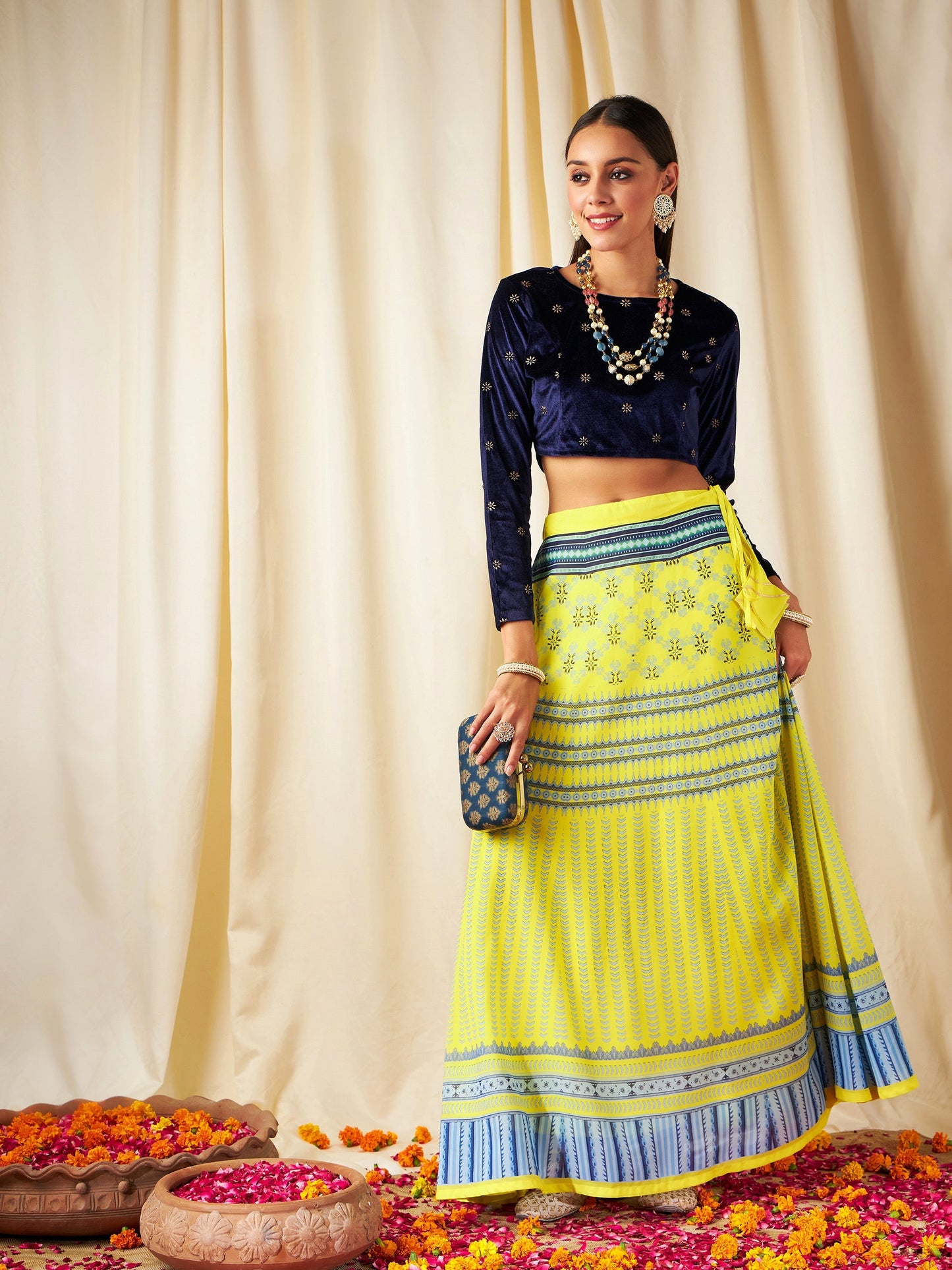 Yellow Geometric Bias Flared Skirt