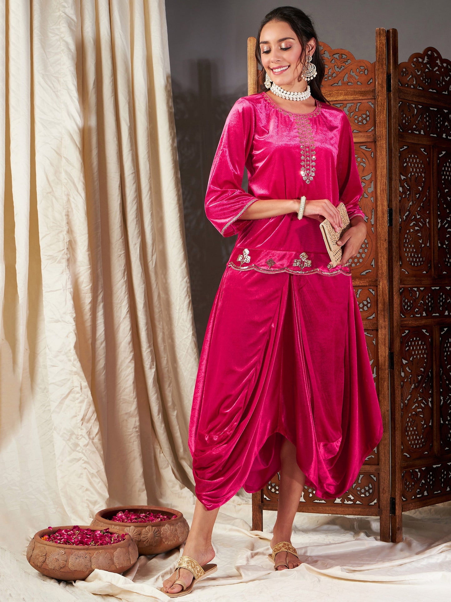 Fuchsia Velvet Dhoti Skirt