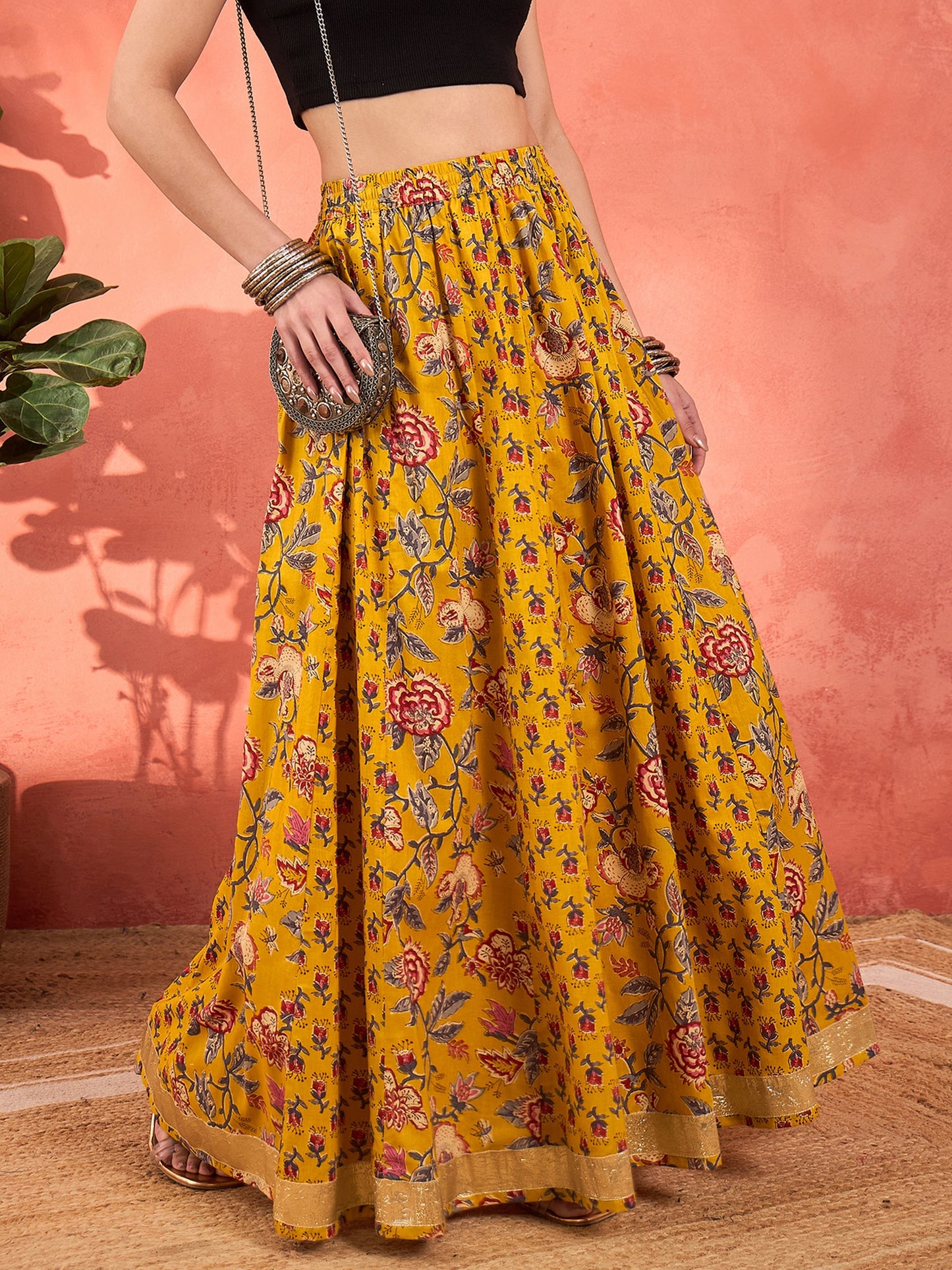Yellow Floral Elasticated Anarkali Skirt -Shae by SASSAFRAS