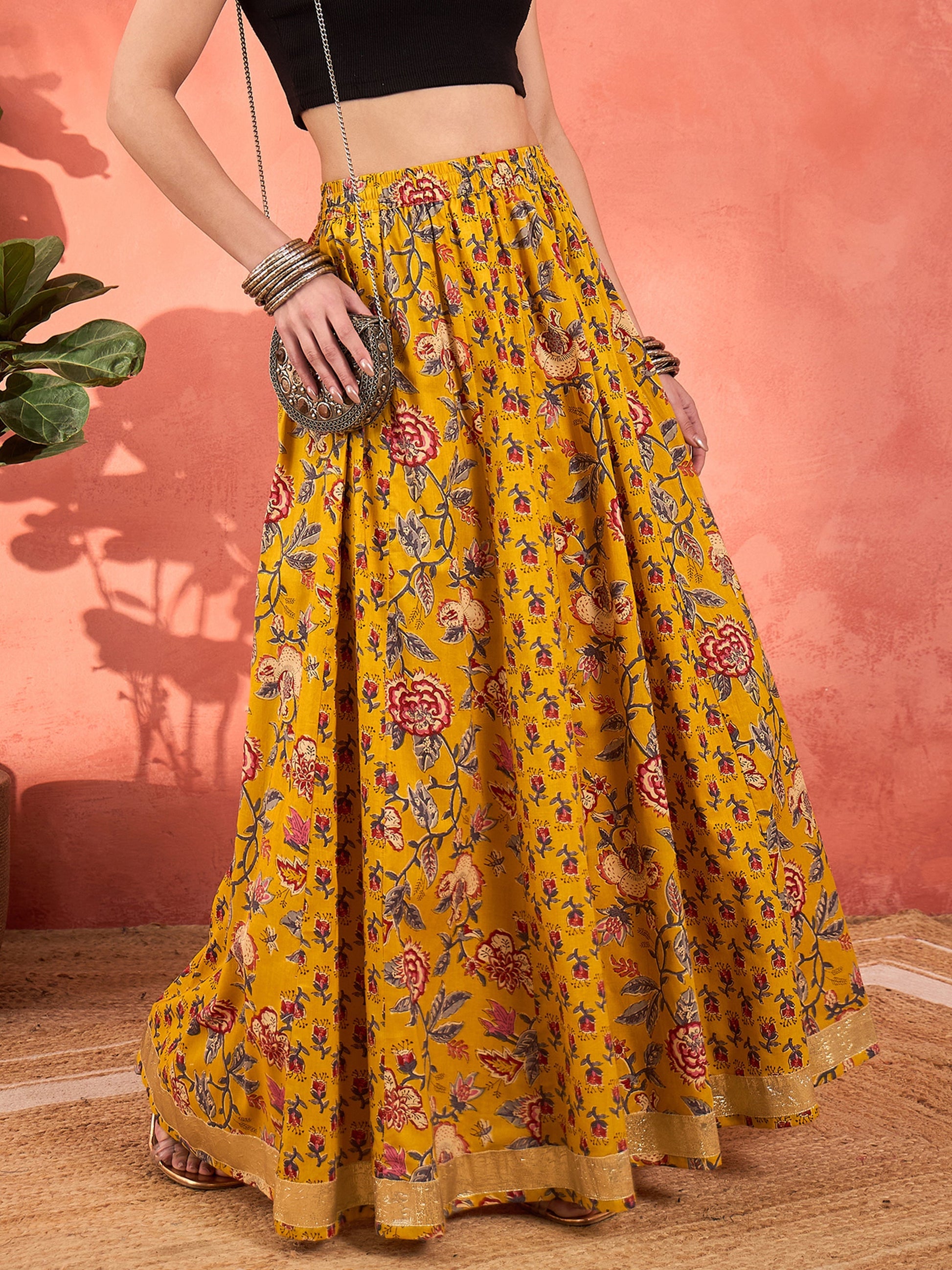 Yellow Floral Elasticated Anarkali Skirt -Shae by SASSAFRAS