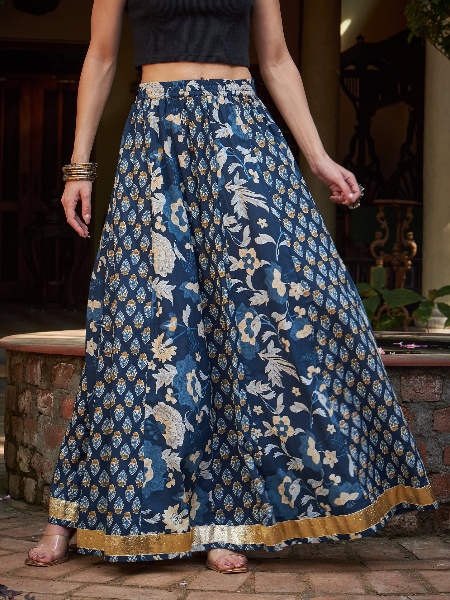 Women Navy Floral Elasticated Anarkali Skirt