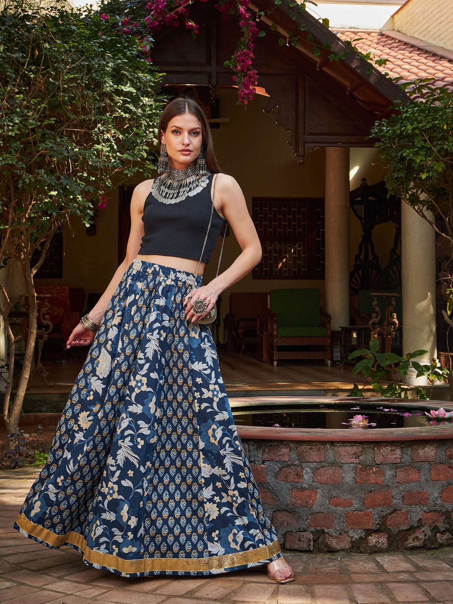 Women Navy Floral Elasticated Anarkali Skirt