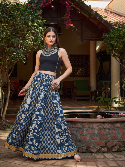 Women Navy Floral Elasticated Anarkali Skirt