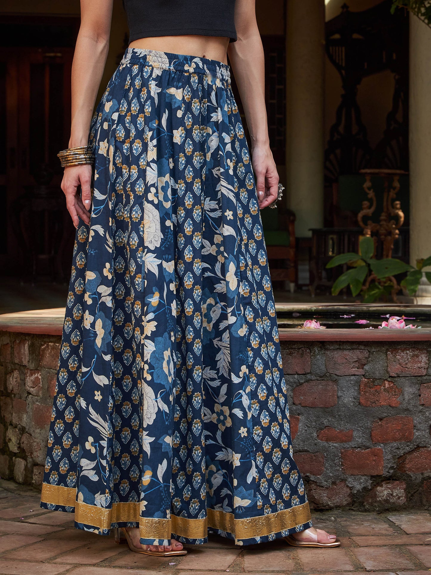 Women Navy Floral Elasticated Anarkali Skirt